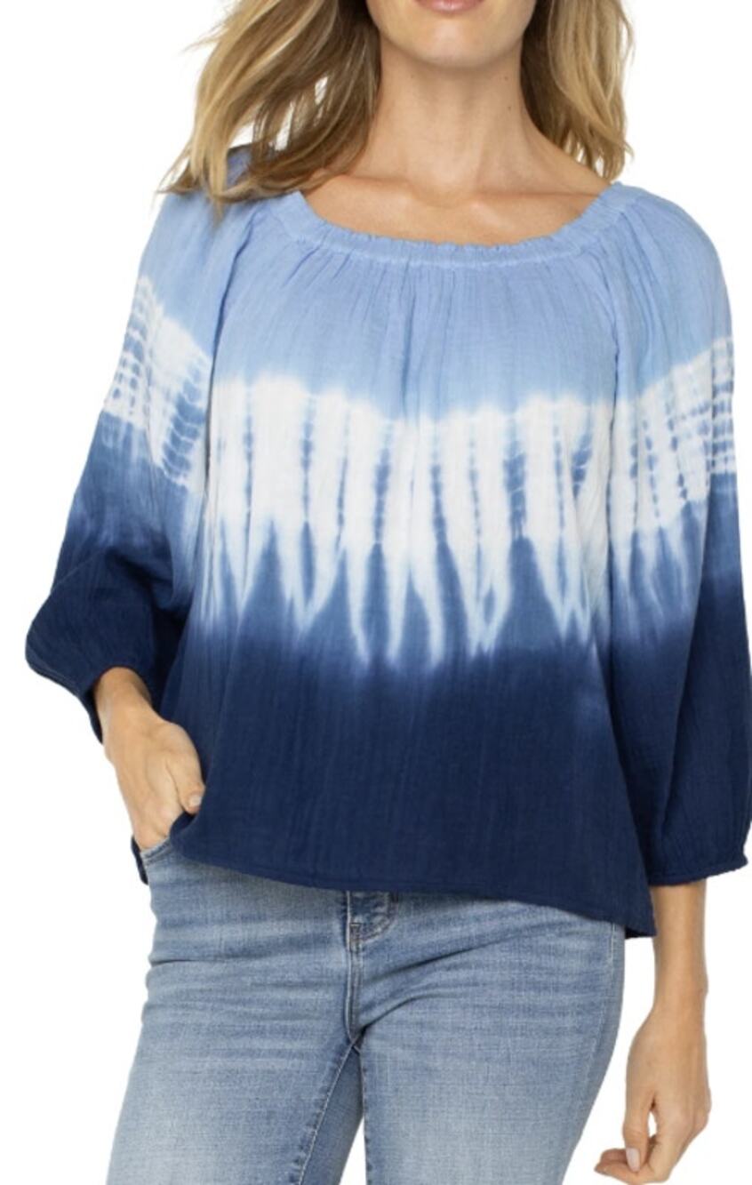 Liverpool Los Angeles Women's M Blue 3/4 Sleeve Tye Dye Boat Neck Top Boho R1-5